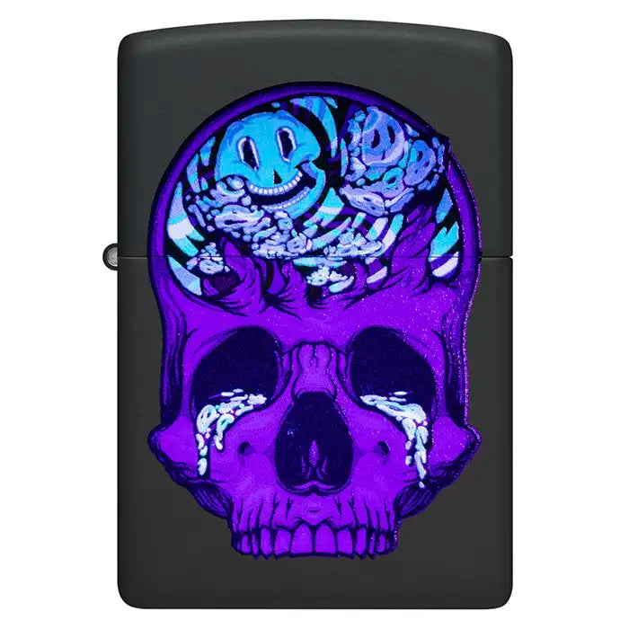 Zippo - Diseño de calavera con luz negra - Encendedor negro mate