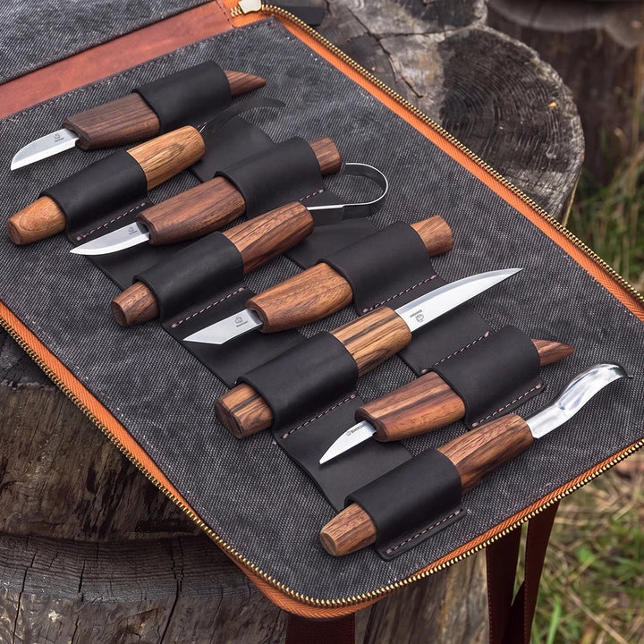 BeaverCraft S50X Deluxe Treskjæringssett - 9 Verktøy m/Skinnveske - verktøyene i vesken