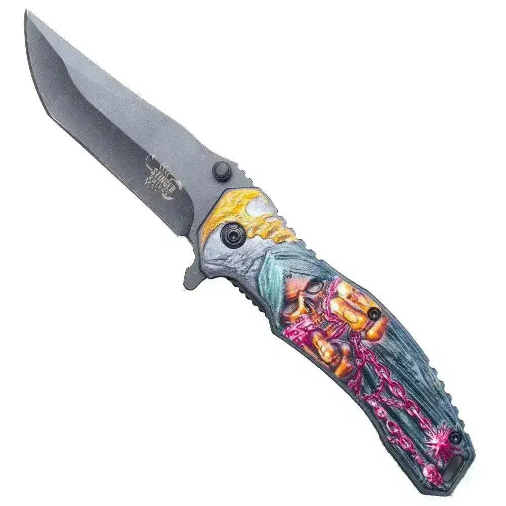 SE - Skull and Chain Foldekniv med Belteklips - Farget - Game-On.no