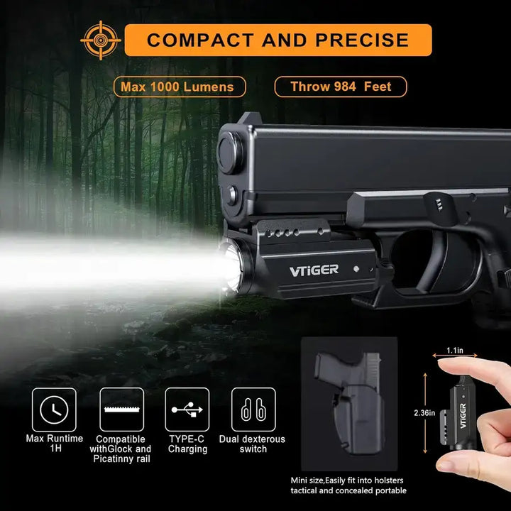 VTiGER - PL1 Oppladbar og Kompakt Lykt til Pistol - 1000 Lumen - 21mm Montasje - Game-On.no